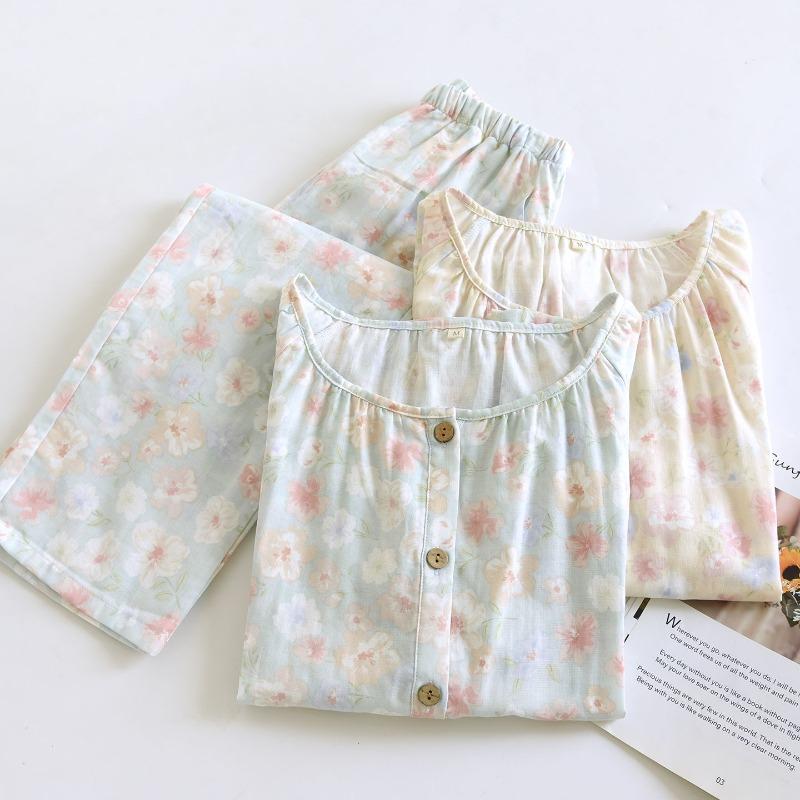 2026 Spring and Autumn New Pajama Set 100% Cotton Gauze Long Sleeve Long Pants Two Piece Sweet Style Home Clothing Set