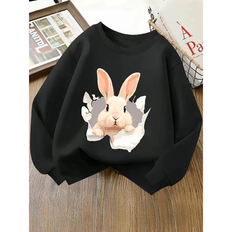 European sizes Crewneck Sweatshirt for Kids Featuring a Rabbit Peeking Through Ripped Paper. Perfect for , Ideal for Sports And Casual Outings