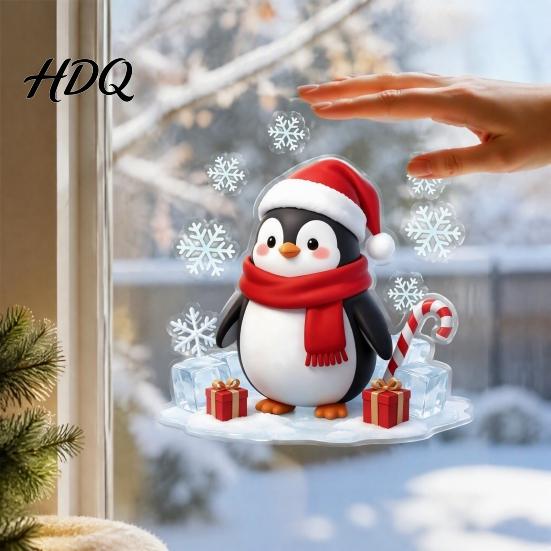 Snowflake Glass Stickers Christmas Cartoon Penguin Window Sticker Cute Decal with Santa Hat And Winter Theme Party Supplies Scarf Design PVC