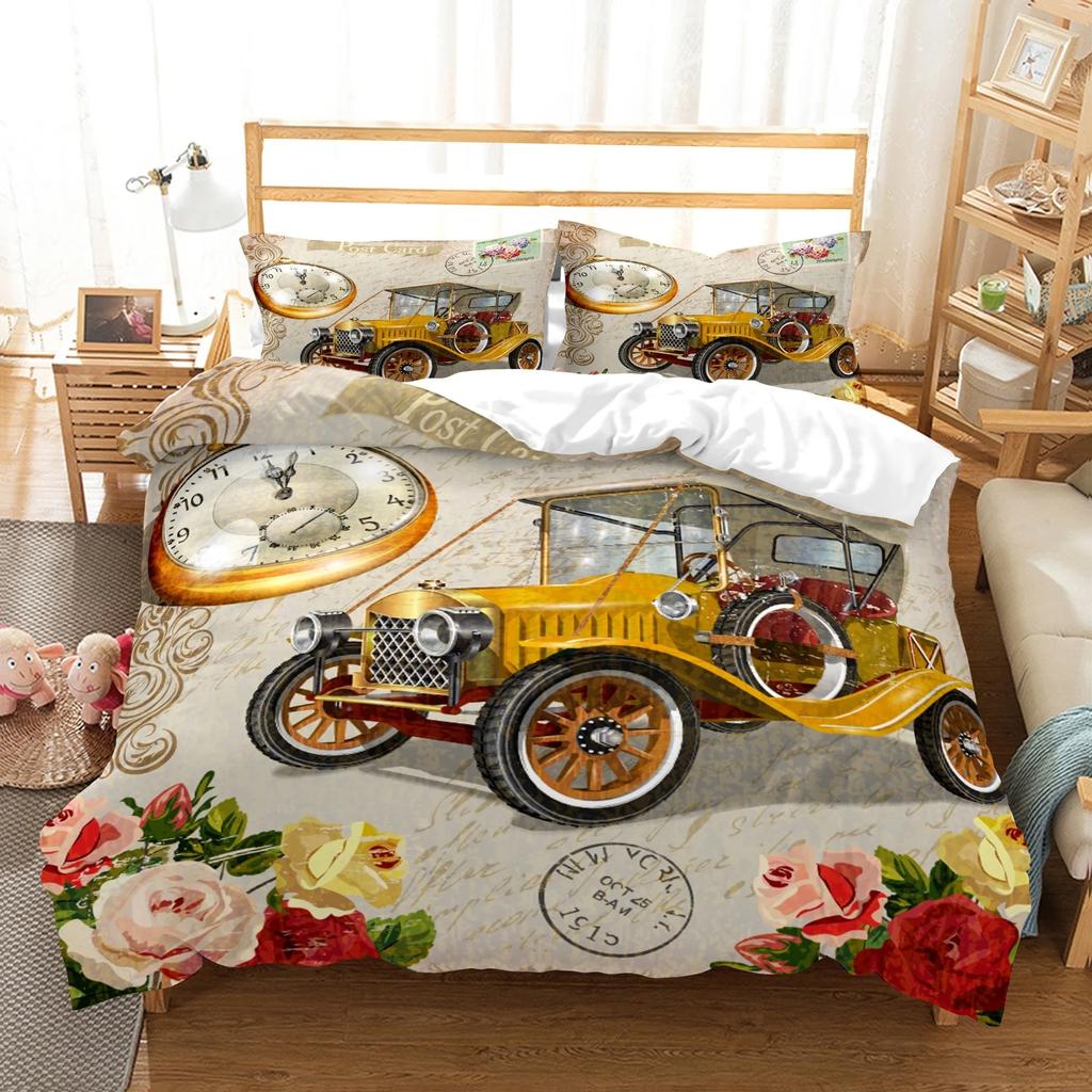 New York Statue Of Liberty Duvet Cover Kingqueen Size Retro Car Nostalgic 50S BeddingVintage Car Polyester Quilt Cover For Men