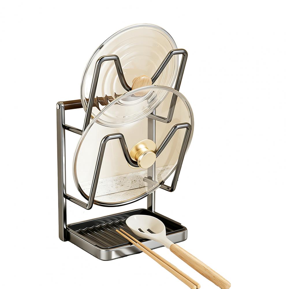 Kitchen Pot Lid Storage Rack Carbon Steel Pot Lid Holder While Cooking Pot Lid Stand with Spoon Rest Removable Drip Tray