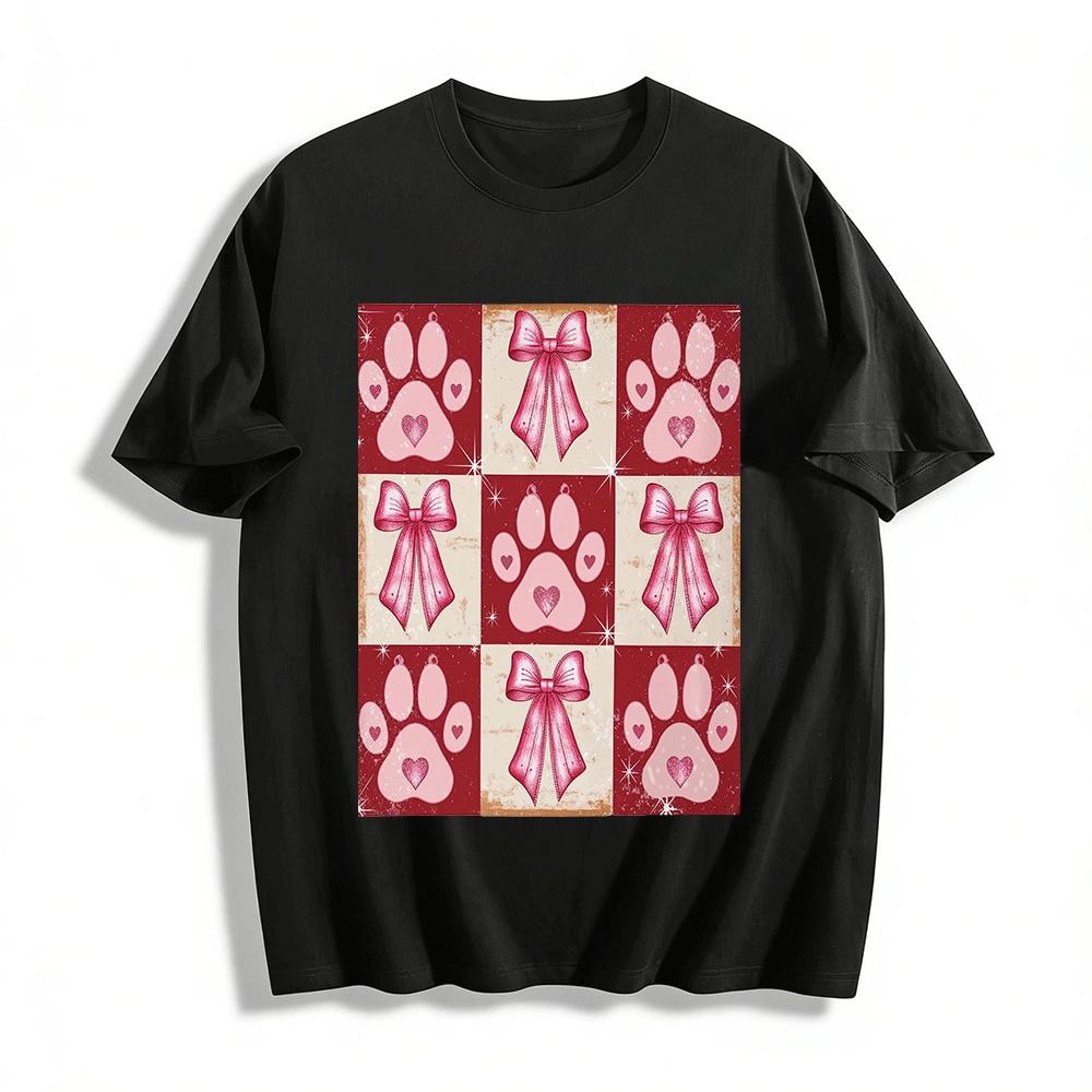 Heart Paw Print Bow Plaid Print Casual Top Pure cotton T-shirt XXS