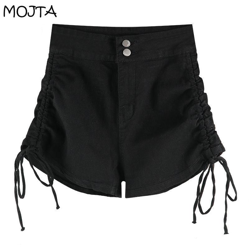 Kadın Yaz Moda Yüksek Bel Klasik İpli Kot Şort Pantolon Geniş Bacak Tüm Maç Rahat Jean Şort
