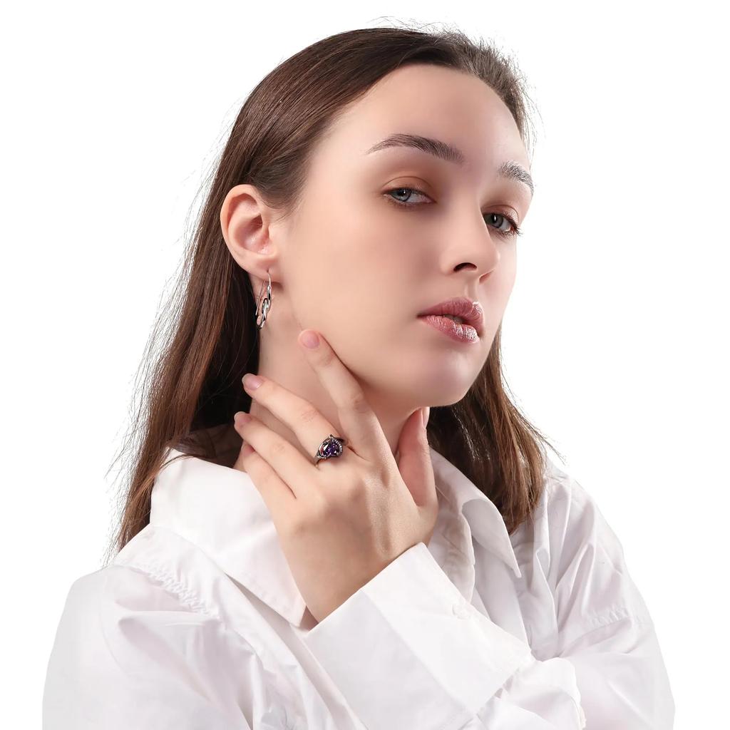 Fashion Couple Rings Romantic Women Heart Purple Rhinestones Zircon Ring Men Stainless Steel Celtic Dragon Ring Wedding Jewelry