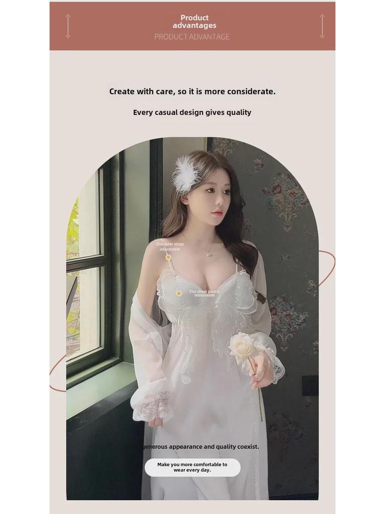 Women's Sexy Large Size Silk Suspender Pajama Set with Butterfly Crystal Sequins & Chest Pads