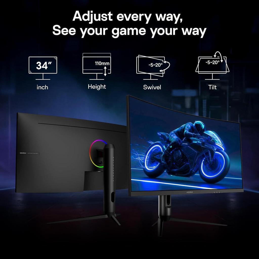 Monitor Gamer Curvo KOORUI G3441XC de 34" – WQHD 3440×1440 – 240Hz – VA – 1500R – HDR400 – 1ms MPRT – 4000:1 Contraste – HDMI 2.1 y DP 1.4