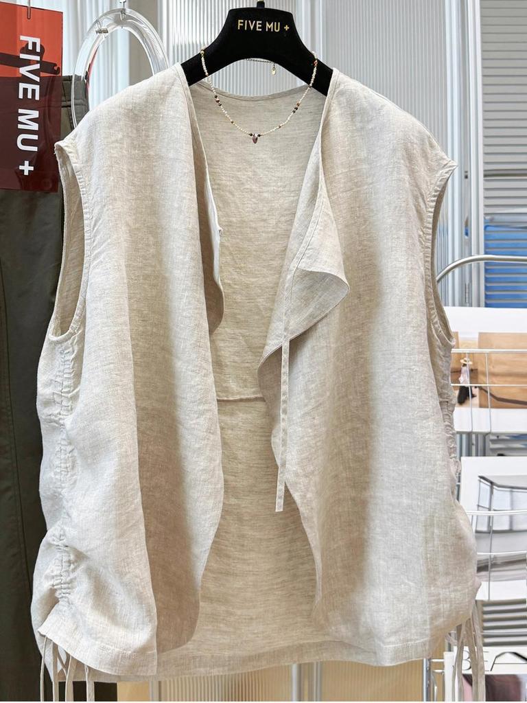 2026 Women's Spring/Summer Layered Pure Linen Vest Shawl - High-End Sleeveless Jacket