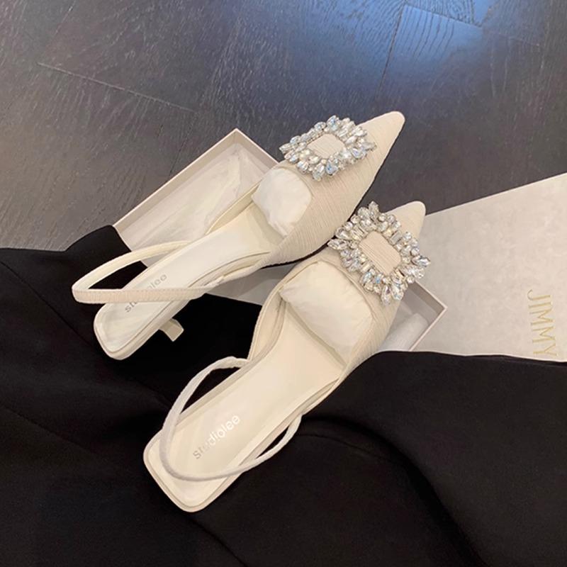 

Sheepskin~ Rhinestone square buckle bag head sandals women s French thin strap high heels pointed back empty shallow mouth single shoes 40