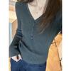 Women’s Dark Gray Ribbed Knit Lace V-Neck Pullover with Cinched Waist