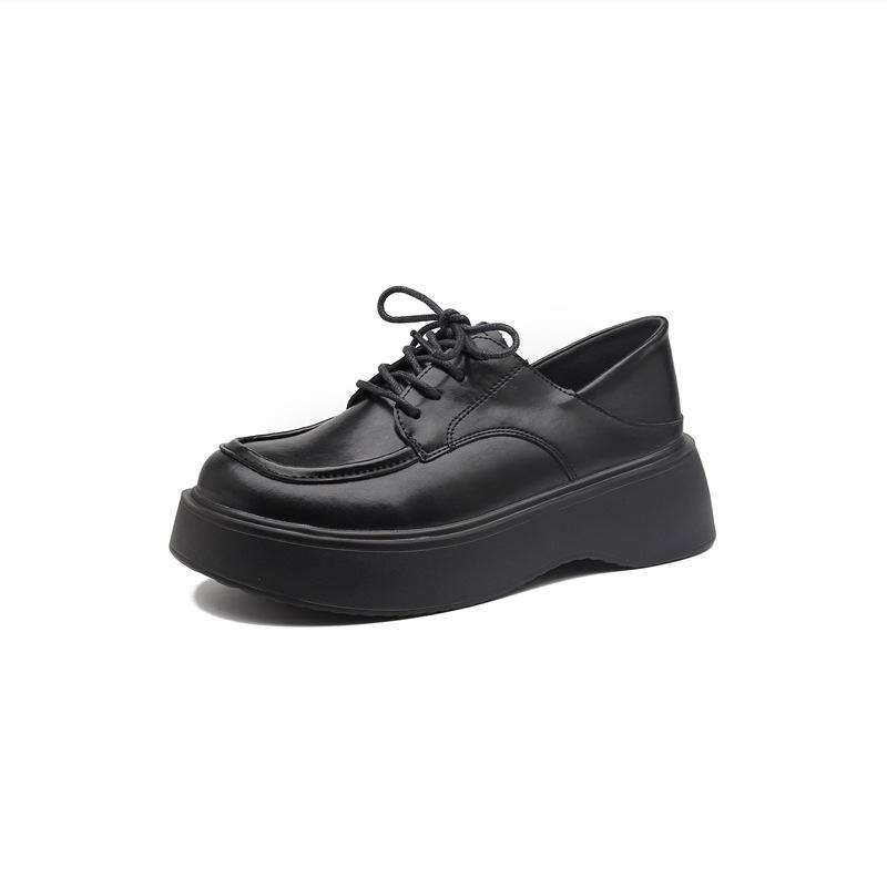 2025 autumn and winter big round head muffin sole single shoes leather lace-up black college style poetry small leather shoes women