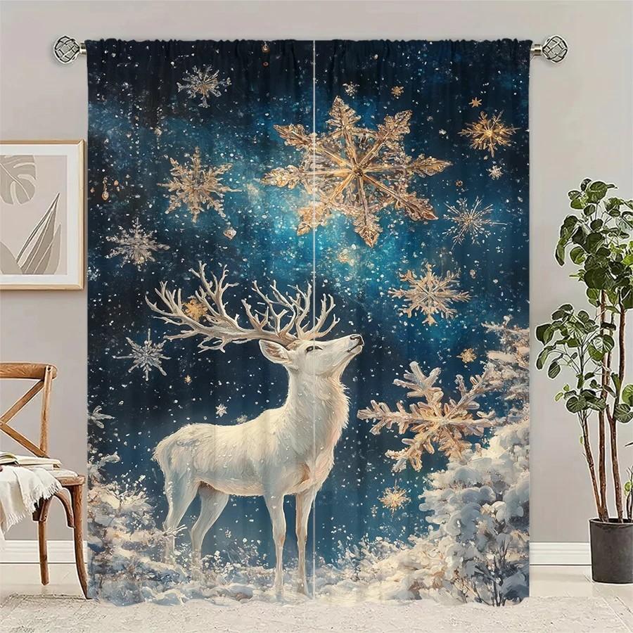 2pcs Sparkling Snowflake Deer Curtain   Winter Window Decor   Polyester Rod Pocket Drapes   Home Decor