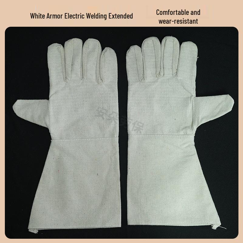 

White Armor Extended Protection Welding Gloves: Wear-Resistant, Double-Layer, Thick Cotton, Anti-Scald Canvas Labor Gloves.