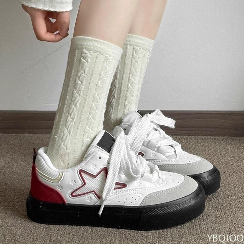 Retro Thick Soled White Shoes for Women's Spring Summer New Round Toe Casual Lace Up Simple Comfortable Women's Board Shoes