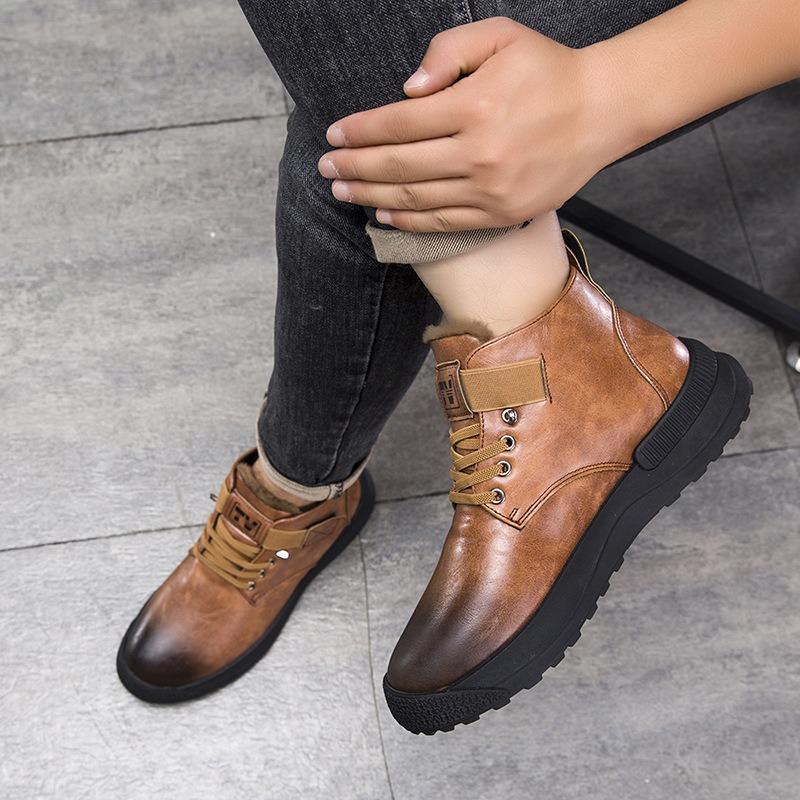 Winter warm men's Martin boots fashion versatile men's shoes leather boots high-top soft sole fashion velvet men's shoes