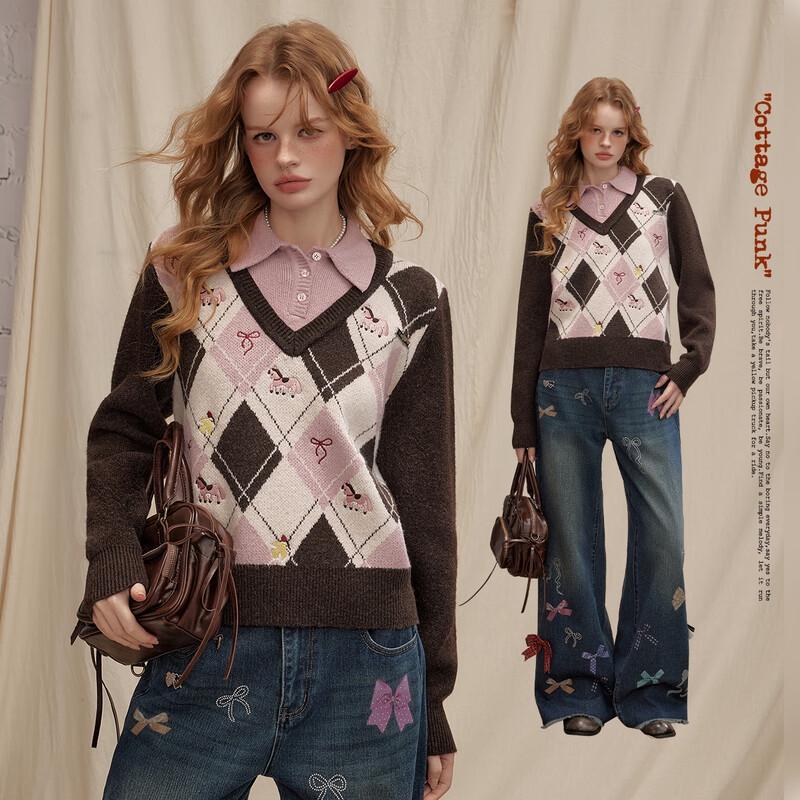 UNIFREE Women's Faux Two-Piece Plaid Knit Sweater