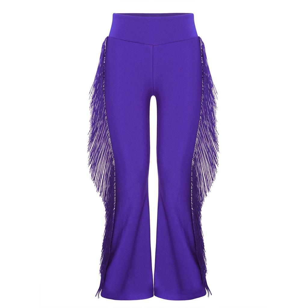 Chłopięce spodnie do tańca latynoamerykańskiego elastyczny pas z frędzlami styl dzwonów spodnie do występów ballroomowych