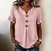 Women V Neck Short Sleeve Casual Solid T Shirt Top with Ruffle Sleeves and Button Front Loose Fit Blouse for Daily Wear