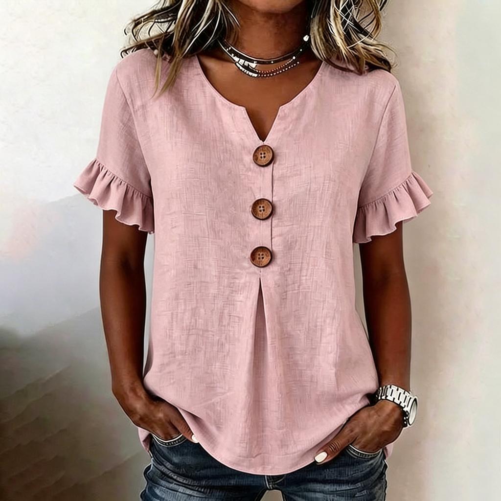 Women V Neck Short Sleeve Casual Solid T Shirt Top with Ruffle Sleeves and Button Front Loose Fit Blouse for Daily Wear