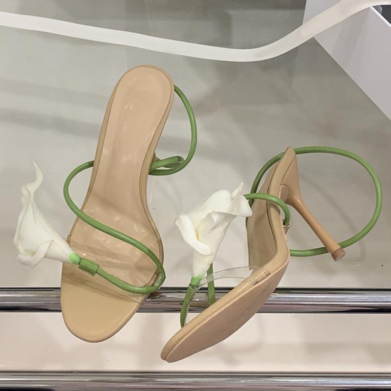 Summer Fashion Morning Glory Open Toe Slip On Back Strap Sandals Women Green High Heels Wedding Prom Shoes Zapatos Mujer