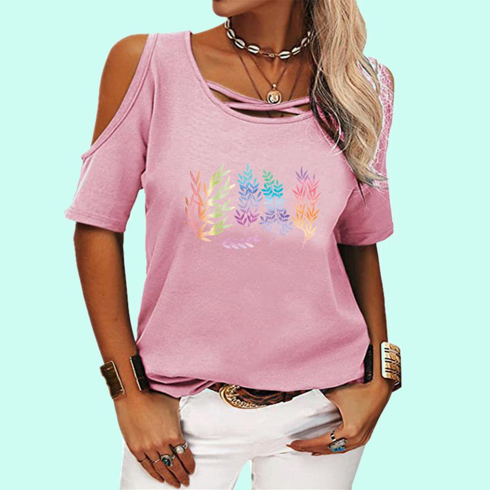 Women Off Shoulder Tee Shirt Fashion Round Neck Floral Print Top Ladies Casual Short Sleeve T-shirt