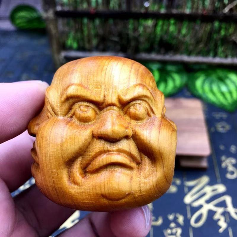 Chinese style cliff cypress  wood carving with four sided Buddha decorations of joy, anger, sorrow, and music People expression