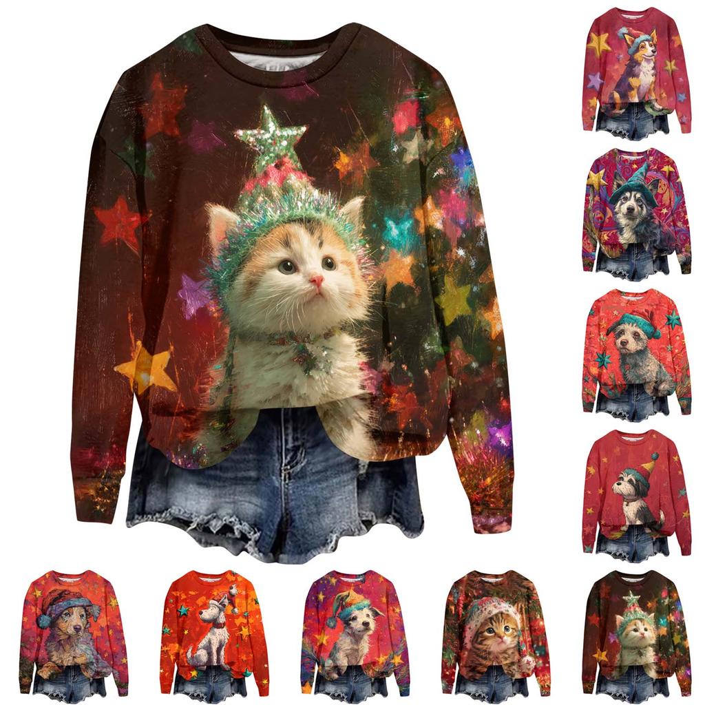 Ladies' Christmas Printed Long Sleeved Round Neck Hoodie Loose Top