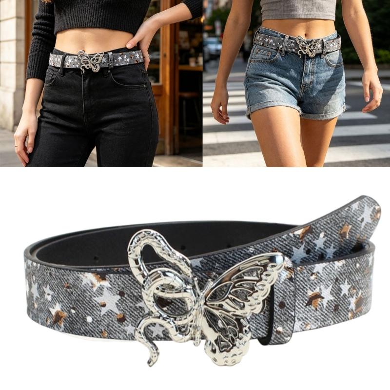 Jean-Look Fashion Belt with Scattered Star Pattern, PU Leather Sash, Metal Hardware and Fit Adjustment Points for Outfits