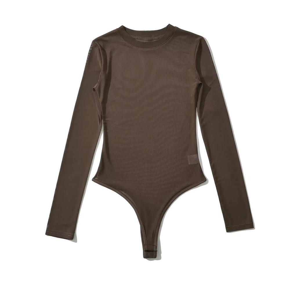 Autumn Women's Slimming Mesh Bodysuit - Sheer Round Neck, Long Sleeve