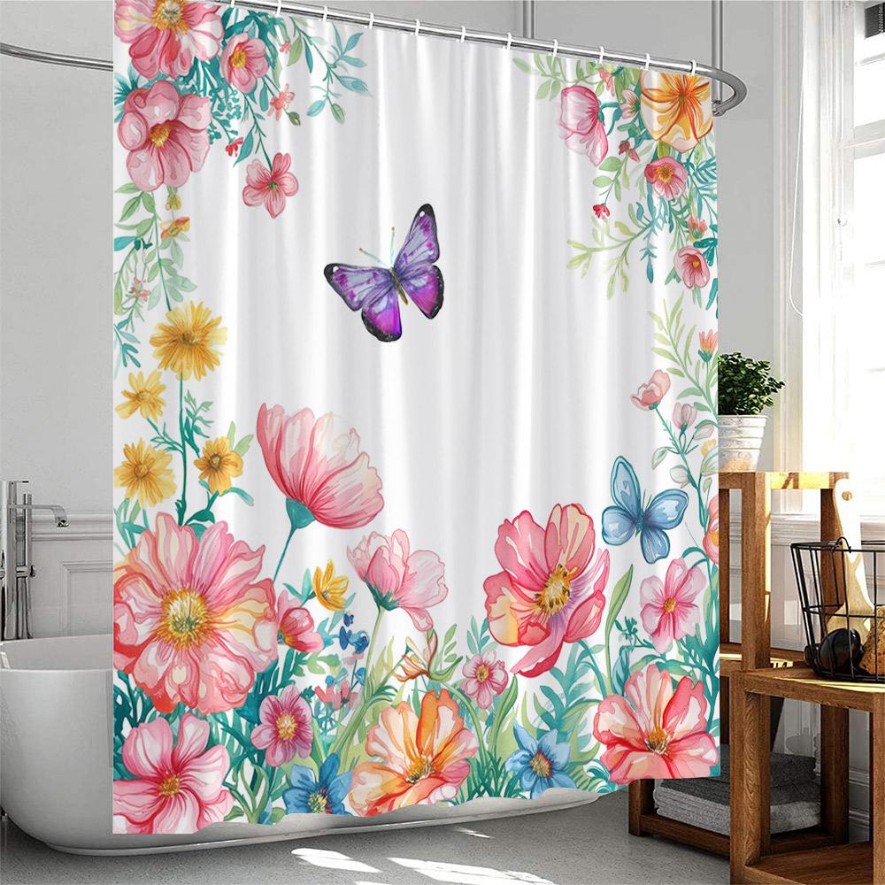 Butterfly Floral Shower Curtain Rose Flowers Plant Botanical Bathroom Decor Elegant Polyester Fabric Bath Curtain with Hook