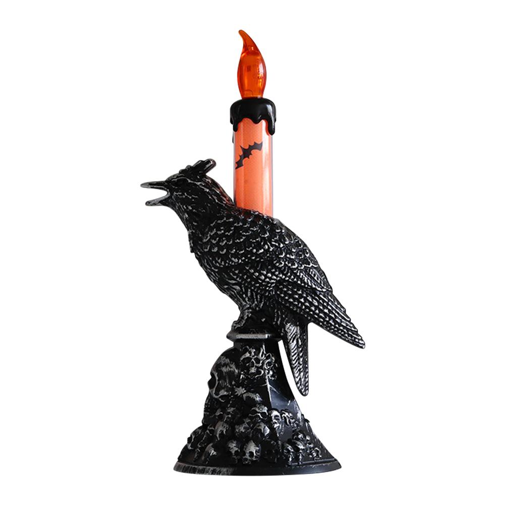 Schwarze Krähenstatue Leuchtender Kerzenständer LED-Kerzen Batteriebetriebene Kerzen Halloween Heimdekorationen Tischlampe