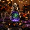 Decorative Window Ornament LED Lighted Halloween Faux Crystal Ball Decoration, Resin Witch/Skeleton/Cat/Ghost Figurine with Led Light Green/Purple
