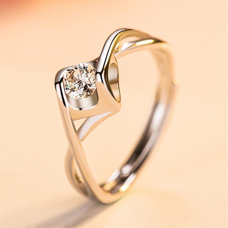 1/2Pcs Couple Rings Square Mens Open Ring Twisted Heart Womens Adjustable Silver Plated Shiny Zircon Rings For Valentines Gift