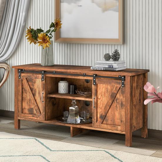 TV Stand Large Capacity Sturdy Construction Good Load-bearing Sliding Doors Retro Item Storage Heighten