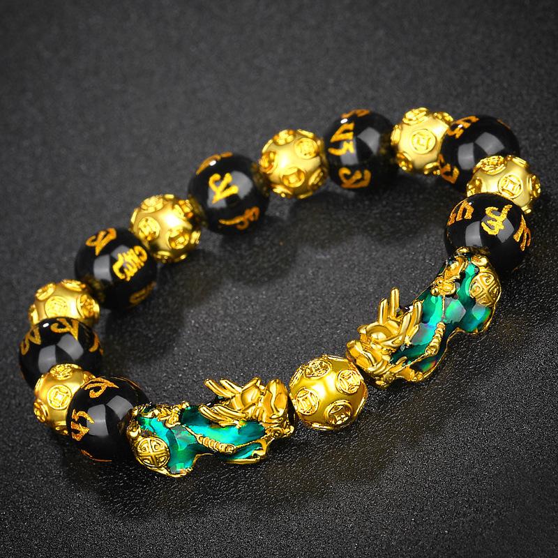 Vietnamese Sand Gold Pixiu Bracelet with Imitation Hetian Jade & Green Agate Beads, Women's Discoloring Stone, TikTok Style.