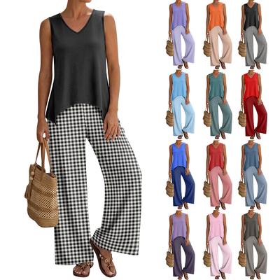 Sleeveless Tank Top and Plaid Wide Leg Pants Two Piece Set for Women Lightweight Comfortable Travel Vacation Home Wear