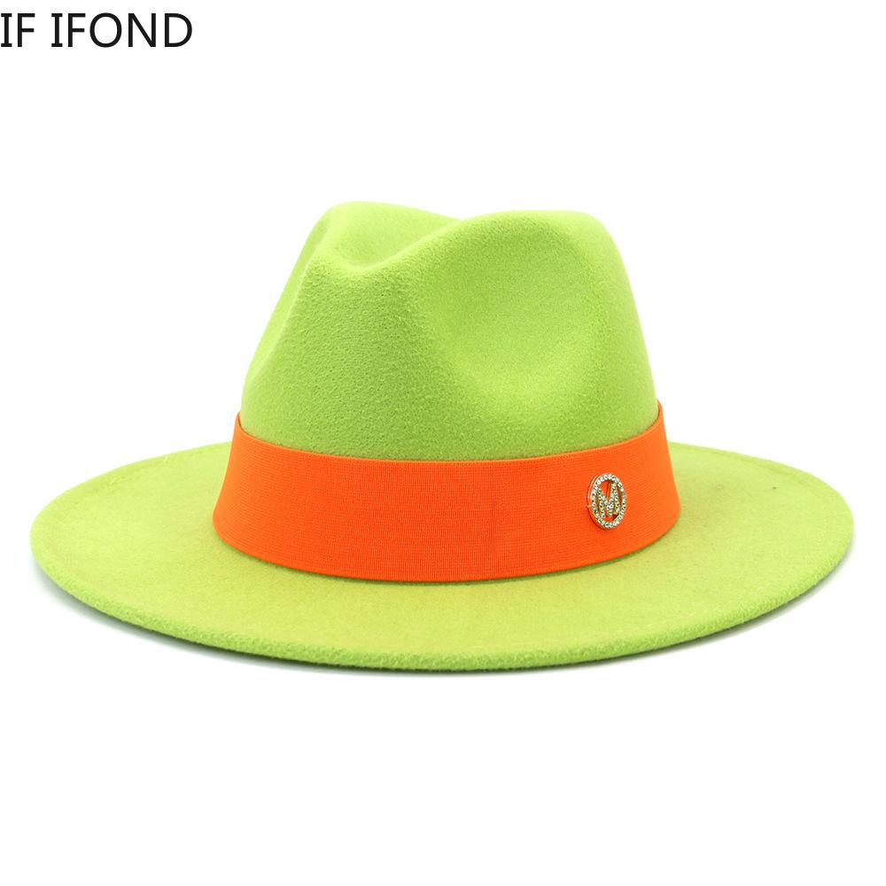 Formal Wide Brim Felt Fedora Hat Wool Ladies Party Wedding Church Hat M Letter Ribbon Panama Sombrero Jazz Cap