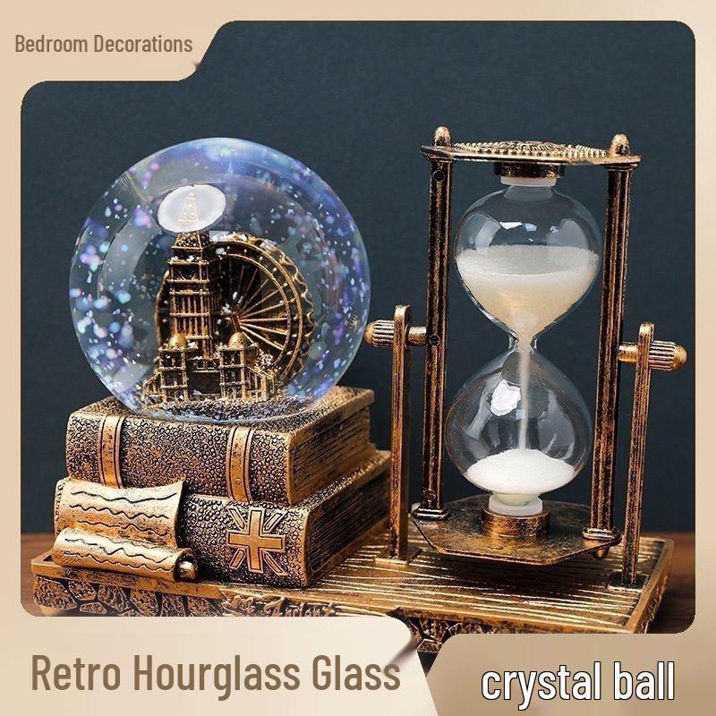 Retro Iron Tower Music Box with Luminous Crystal Ball Hourglass - Perfect for Desktop Ornament or Small Gift for Graduation, Qixi, or Valentine's Day.