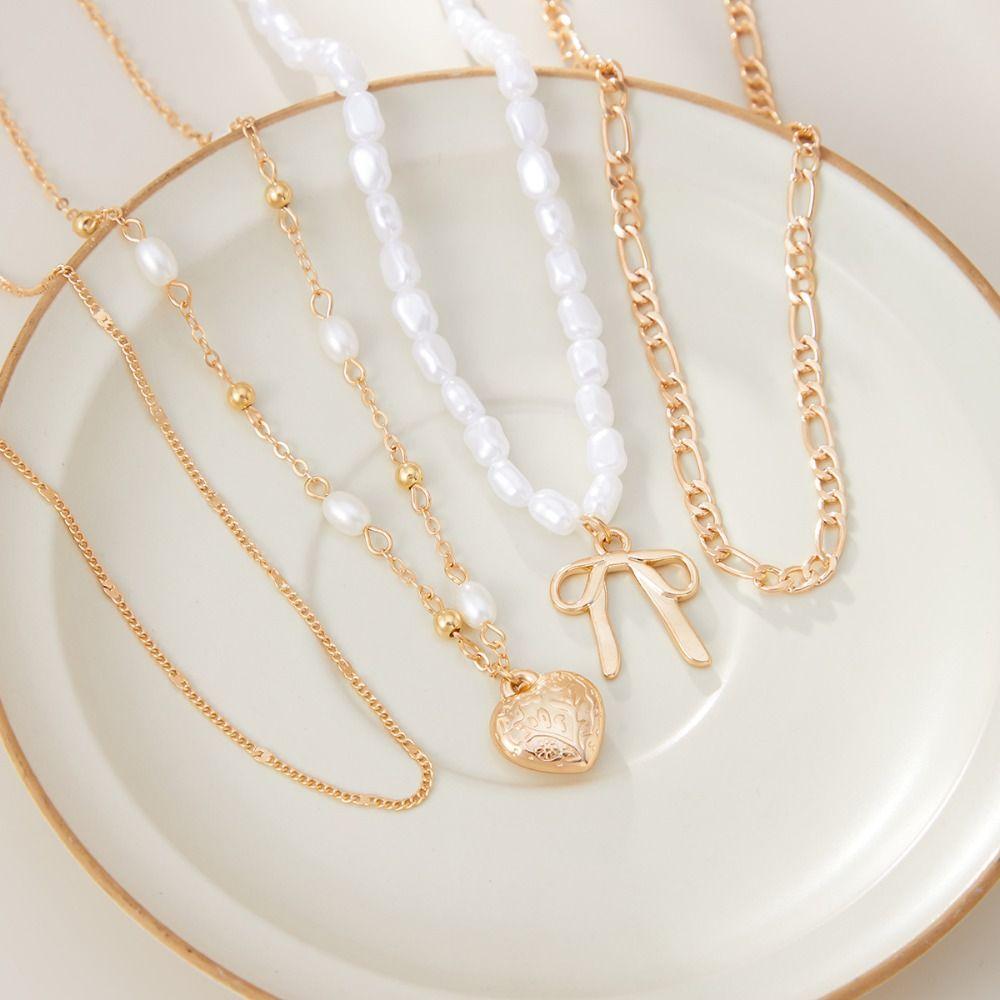 Love Bowknot Multilayer Pendant Necklace Crystal Y2K Metal Necklace Beaded Necklace  Women