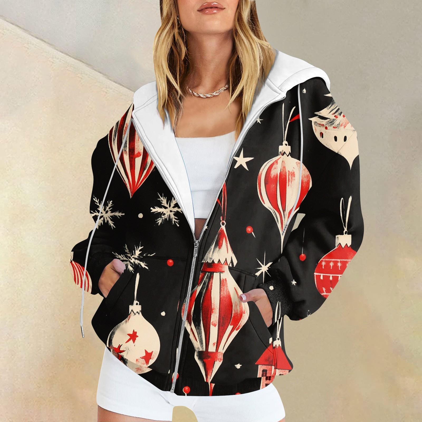 

Женская рождественская печатная толстовка, зимняя куртка-кардиган с длинными рукавами и карманами, на молнии, толстовка с капюшоном, верхняя одежда M