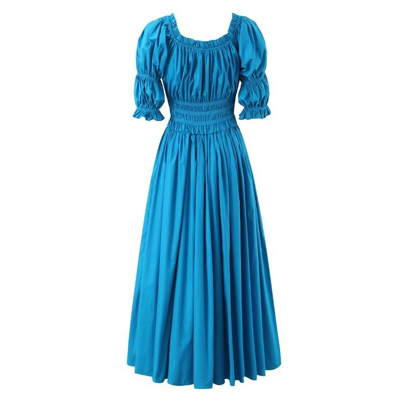 Wood Ruched Chest Bow U Collar Puff Sleeve Dress Elastic High Waist Pleated Swing Midi Long Dresses Holiday Vestidos