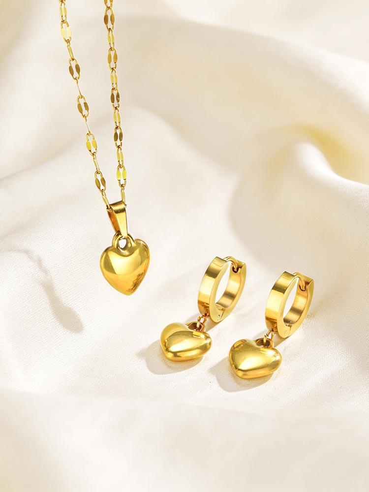 18K Gold Platinierter Edelstahl Herz Schmuckset für Damen Mädchen, Liebesherz Anhänger Halskette Creolen Wasserdicht