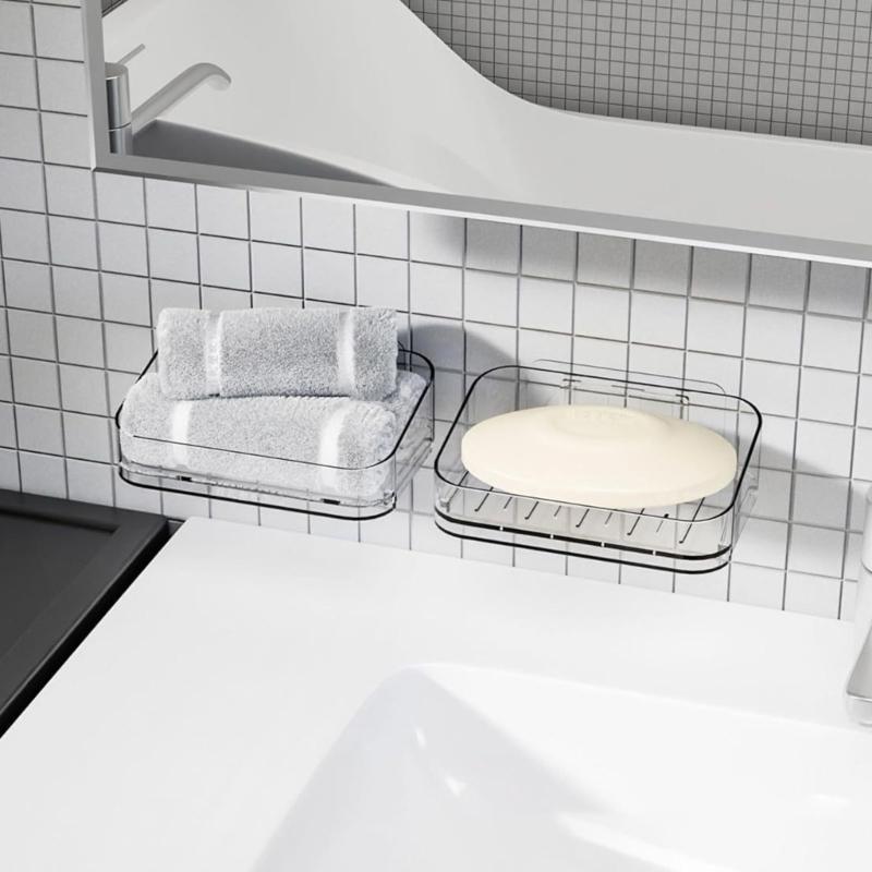 2Pcs Clear Plastic Soap Dishes For Countertop Or Wall Mounting Quick Drying Drainage Design Reusable Bathroom Organizers