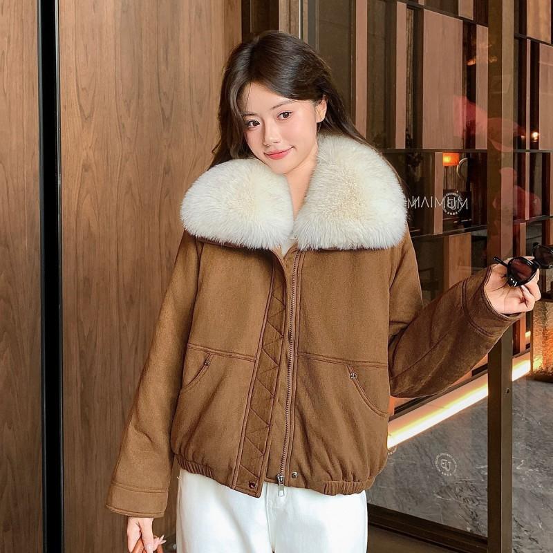 Womens Short Puffer Coat With Detachable Faux Fur Collar Warm Cotton-Padded Jacket Winter