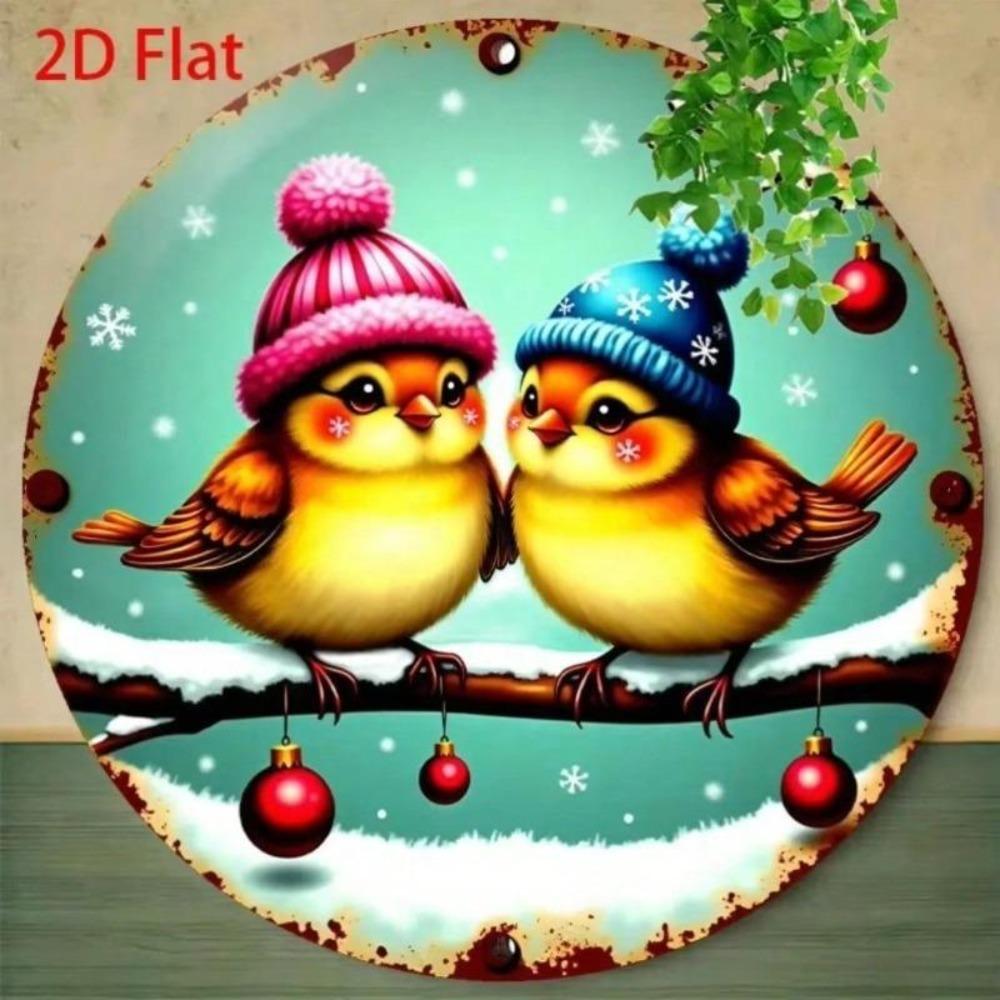 Vintage Winter Birds Snowflakes Metal Wall Art Rustic Turquoise Brown Mint Green Round Decoration