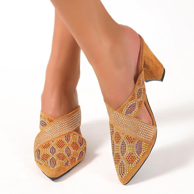 Women's Wide Width Rhinestone Mules, Pointed Toe Chunky Heel Slides, European Summer Slippers for Women