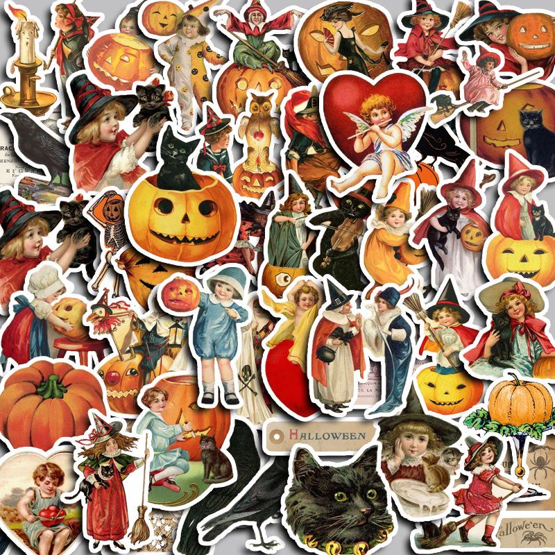 Retro Halloween Large Journal, Suitcase, and Device Waterproof Stickers - 50 Sheets.
