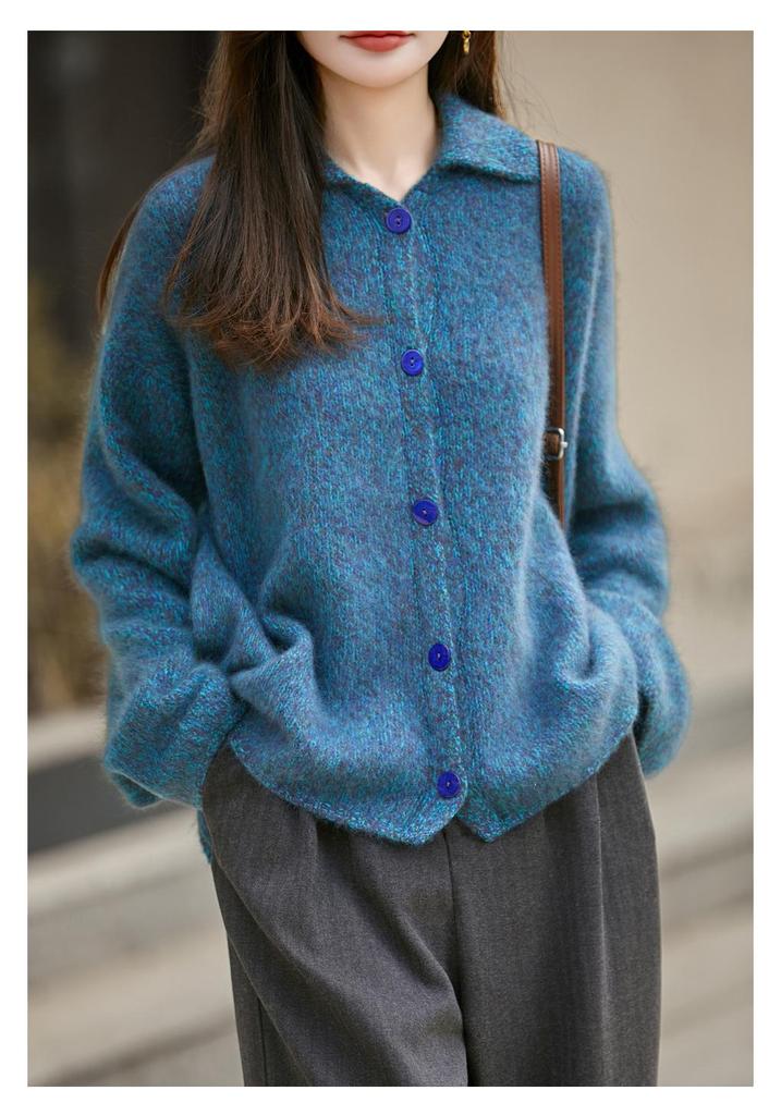Women's Heather Yarn Polo Collar Cashmere Wool Blend Cardigan - Thick, Long Pile, Plush, Warm, Perfect for Autumn and Winter