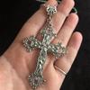 Gothic Victoria Silver Color Lacework Relief Flowers Large Cross Pendant Necklace for Men Women Halloween Punk Jewelry Accessory