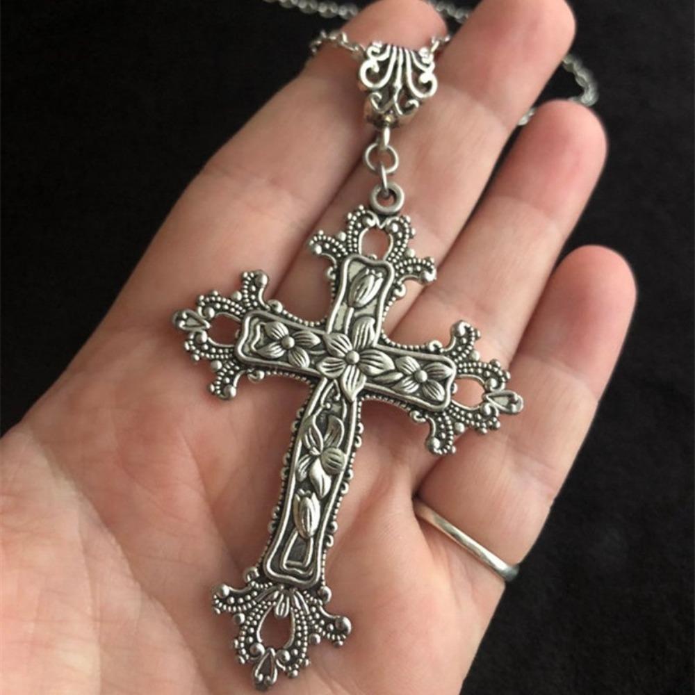 Gothic Victoria Silver Color Lacework Relief Flowers Large Cross Pendant Necklace for Men Women Halloween Punk Jewelry Accessory