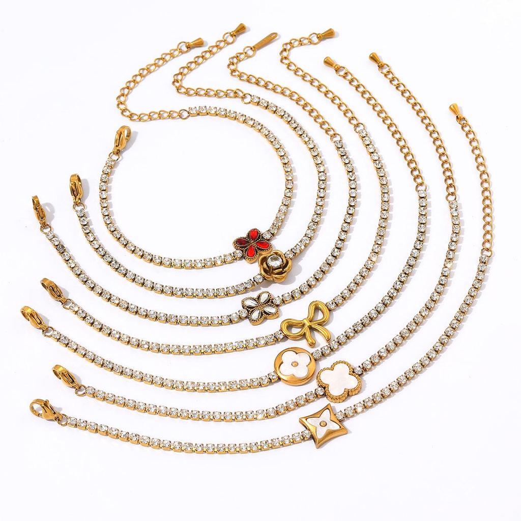 High-End Rhinestone-Inlaid Geometric Flower Bracelet: Japanese & Korean Inspired Stainless Steel Jewelry